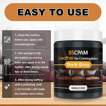Dark Gray Leather Recoloring Balm, 12oz Leather Color Restorer for Couches, Leather Repair Kit for Furniture, Leather Dye for Leather Fade, Leather Repair Restore car seat