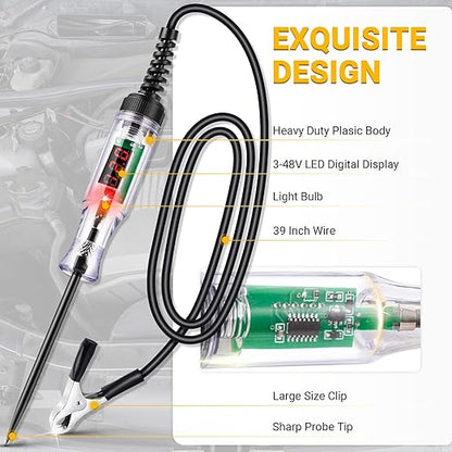 Test Light Automotive 3-48V Digital LED Circuit Tester, Auto Light Tester with Voltage Display, Electric Tester Pen with Voltmeter and Probe for Checking Car Truck Motorcycle Fuses & Battery Voltage