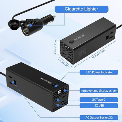 HITRENDS 300W Car Power Inverter, DC 12V to AC 110V with 2 USB Ports, 2 Type-C Ports, and 2 AC Outlets for Car, Home, and Travel Use (Black)