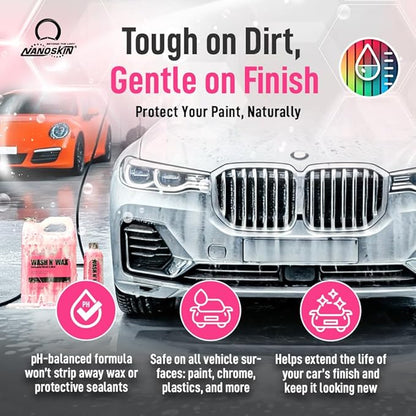 Nanoskin WASH N' WAX with Carnauba 16 Oz. - Cleans & Shines in One Step | Works with Foam Cannon, Foam Gun, Bucket Washes, Pressure Washer | Carnauba Wax Protection for Cars