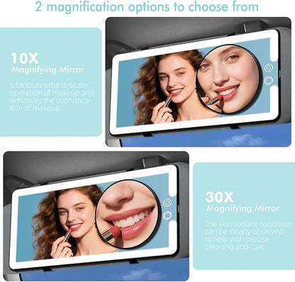 Car Sun Visor Vanity Mirror,Rechargeable Led Dimmable Makeup Mirror,With 10x and 30x magnification,3 Light Modes