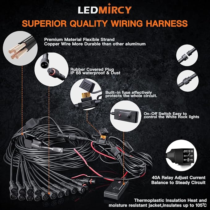 White Rock Lights,LEDMIRCY R3 Pure White LED Rock Lights Kit 16PCS with Switch Wire Harness for Trucks Off Road ATV UTV SUV RZR High Power Under Body Light Waterproof Shockproof Trail Rig Light