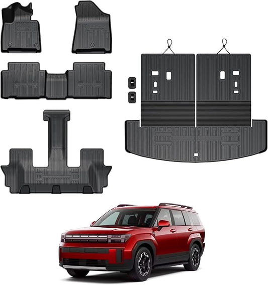 Floor Mats for 2024 2025 2026 Hyundai Santa Fe 6-Seat/7-Seat (Fit Hybrid and Fuel), All Weather TPE Floor Mat and 2-in-1 Cargo Mat with Backrest Mat for Santa Fe Accessories