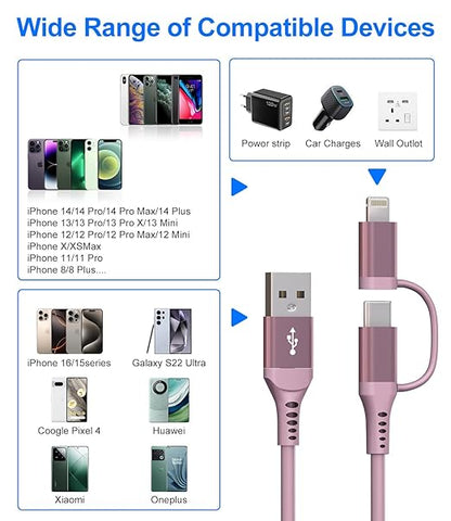 USB to USB C and Lightning Pink Car Charger Cable - Pink iPhone Charger Coiled Lightning Cable Type-C Charging Cord Support Apple Carplay & Android Auto & Data, for iPhone 16 15 14 13 12 11 Android