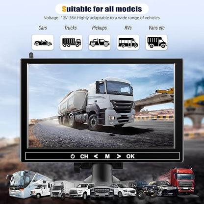 1080P Wireless RV Backup Camera System,9 Inch Reverse Camera Monitor for 4 Channels with IP69 Waterproof Night Vision Backup Camera Front Rear View Camera for Truck/RV/Van/SUV/Pickup