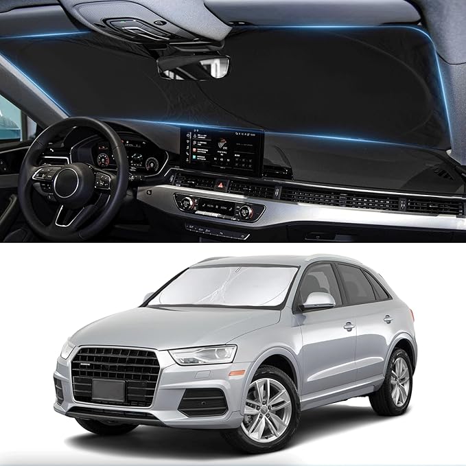 Custom fit Q3 Windshield Sunshade for 2013-2024 2025 2026 Audi Q3 Front Window Shades Cover for Windshield Sun Visor Screen Protector 210T Reflective Blocks UV Rays Cool Car Accessories