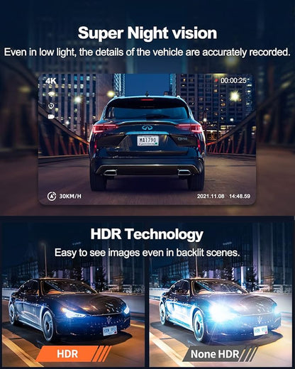 Real 4K 30fps Dash Cam Front and Rear, 2 Channel HDR with Top-Level Sensor, 5.8GHz Wi-Fi GPS G-Sensor 3.3'' Big IPS, Super Night Vision, Parking Mode, Dash Camera for Cars with App, Support 512GB Max
