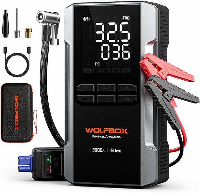 WOLFBOX 3000A Jump Starter with Air Compressor, 16000mAh&160PSI Portable Car Battery Jump Starter with 65W Fast Charge, 12V Battery Pack (8L Gas 6L Diesel Engine) with Boost, Light and Jumper Cables