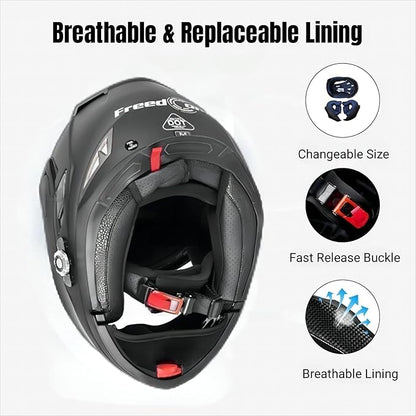 FreedConn BM2-S Bluetooth Motorcycle Helmet, Flip-Up Modular Motorbike Helmet, 500M Connectivity for 2-3 Riders, Voice Dial, Hands-Free Call, MP3, FM, DOT Certified (Medium, Gloss Black)