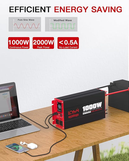 1000 Watts Pure Sine Wave Power Inverter 12V DC to 110V 120V AC Converter for Home RV Off Grid Truck Solar System Inverters with Type-C PD30W USB QC3.0 Port 2 AC Outlets LCD Display and Remote Control