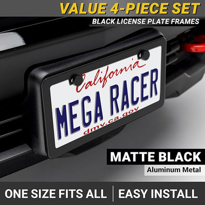 Premium Slim Matte Black License Plate Frames – Best Value 4 Pack, Rust-Free Stainless Steel & Rattle-Free, Street Legal, Universal with Screw Cover, Thin Edged Metal Front & Rear Car Tag Holders