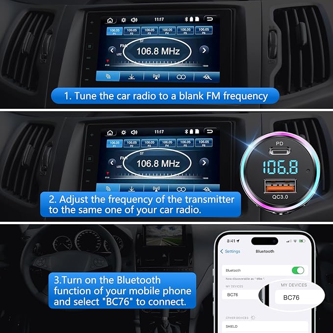 Bluetooth Transmitter for Car, LENCENT Full Metal Bluetooth 5.3 Car Adapter Dual USB Fast Charging 48W(PD 30W & QC3.0 18W), Wireless FM Radio Transmitter with Hi-Fi Music, Hands-Free Calling