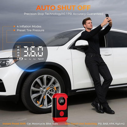 Tire Inflator Portable Air Compressor with battery jumper starter, 28000mAh Battery 3X Faster Cordless Tire Inflator with Tire Pressure Gauge,150PSI Electric Air Pump for Car Tires,Motorcycle,Bike