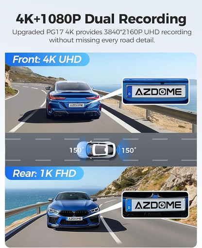 AZDOME PG17 12" 4K Mirror Dash Cam Front and Rear, Wi-Fi 6 Rear View Mirror Camera with 64GB Card, Voice Control Dash Camera for Car, Rearview Mirror Camera with GPS Night Vision Parking Assistance