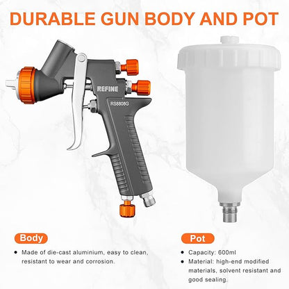 REFINE Air Spray Gun, Auto Paint Gun with 1.4mm Nozzle, Easy to Use Gravity Feed Paint Spray Gun, Professional Auto Body Paint Sprayer for Cars, House, Furniture Painting with Air Pressure Gauge
