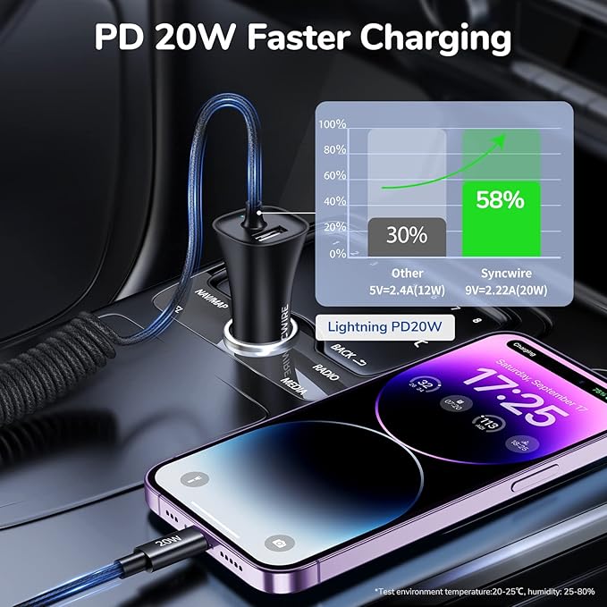 [Apple MFi Certified] Syncwire iPhone Car Charger 32W Super Fast Car Phone Charger Cigarette Lighter USB Car Adapter with Build-in 5FT Coiled Lightning Cable for Apple iPhone 14/13/12/11/XR/Max, iPad