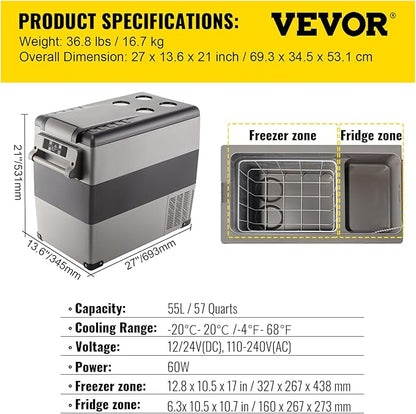 VEVOR CF55 12 Volt 58 Qt Refrigerator, Dual Zone Portable Compressor 12/24V DC and 110-240V AC, Freezer Fridge Cooler, for Car, Truck RV, Camping and Home Use, Black+Gray