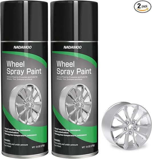 NADAMOO Aluminum Wheel Spray Paint, Semi-gloss Aerosol Car Rim Paint for Recolor and Protection of Metal Surface, Silvery, 2 Cans, 13 Oz Per Can