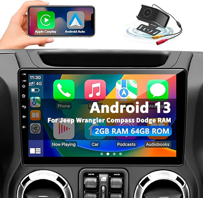 Car Radio Stereo for Jeep Wrangler JK 2007-2018 Dodge Ram 1500 2500 3500 Grand Cherokee, Android 13 2G+64G with CarPlay Android Auto 10 inch Touchscreen Head Unit, GPS BT WiFi AM/FM, Rear View Camera
