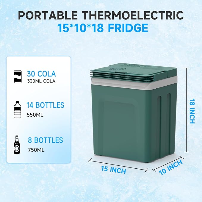 SHAREWIN Electric Cooler & Warmer with Handle 26.5 Quart/25L Portable Thermoelectric Fridge for Vehicles & Trucks with 110V AC & 12V DC, 12V Car Cooler for Camping, Travel Army Green