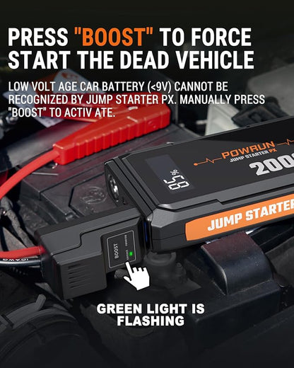 Powrun P-X Jump Starter, 2000A Portable Jump Box - Car Jump Starter Battery Pack for up to 6.0L Gas and 5.0L Diesel Engines, 12V Battery Jump Starter with Carry Bag