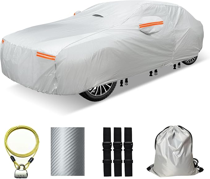 30 Layers Car Cover for Automobiles All Weather Waterproof, Outdoor Snowproof UV Protection Windproof, Door Zipper, Soft Cotton, Heavy Duty Universal Car Covers, (Silver, Fit Sedans 201"-210")