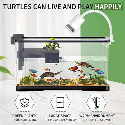 (Tank + Light + Filter + Filter Balls) Turtle Tank Kit, Turtle Tank Starter Kit,Bottom Drainage, Multi-Function Areas for Turtles, Crabs,Fishes, Amphibians,Reptiles. (15.75 x 8.64 x 8.64 Inch)