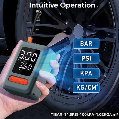Tire Inflator Portable Air Compressor, Cordless Air Pump with LED Light & Pressure Gauge for Auto, Motorcycles, Bikes, Balls, Emergency Phone Charger