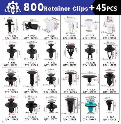 Car Push Retainer Clips 845pcs with 24Most Popular Push Pins for Automotive Parts Sizes Auto Push Pin Screw Clips with 10 Cable Ties and Blue Fastener Remover for Ford GM Toyota Honda Chrysler Nissan