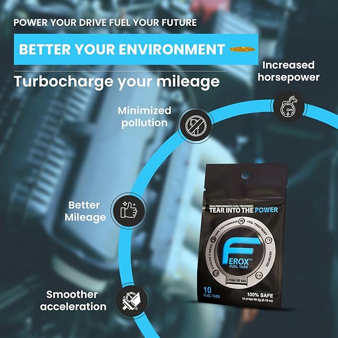 Ferox Fuel Additives | 10 Tabs for Car | Fuel System Cleaner for Gasoline & Diesel Engines | Eco-Friendly Fuel Injector Cleaner & Fuel Stabilizer to Boost Power | 1 Tab Treats 20 Gallons / 80 liters