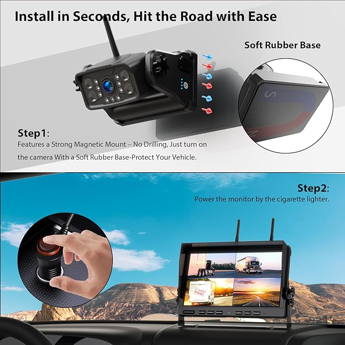Magnetic Wireless Backup Camera: 10" HD 1080P DVR Monitor with 2 Rear View 2 Side View Cameras for Travel Trailer/Fifth Wheels/RV/Camper, Portable Rechargeable Battery BC104