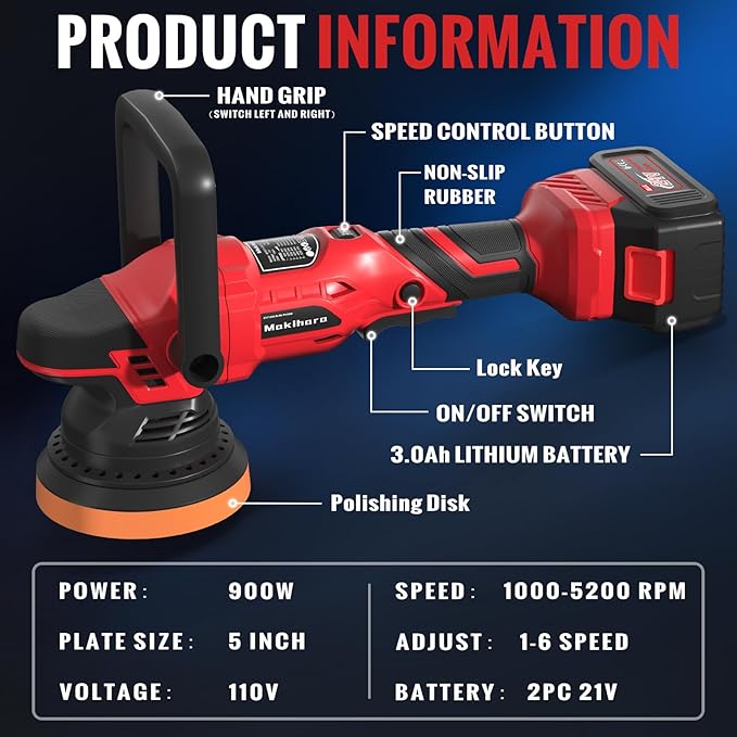 Cordless Buffer Polisher, 5 Inch Random Orbital Car Buffers Waxer and Polishers Kit, 6 Variable Speed 1000-5200 RPM, 21V 3.0Ah Batteries ,for Car Detailing, Waxing, Boat Sanding, Scratch Removing