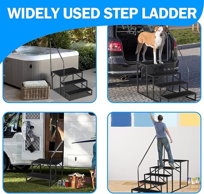 RV Step 3 Step Ladder, Upgrade RV Step with Handrails, Heavy Duty RV Stairs with Anti-Slip Pedal Hot Tub Steps, Removable Camper Step for Spa/Porch/Pet/Mobile Home（2 Handrails