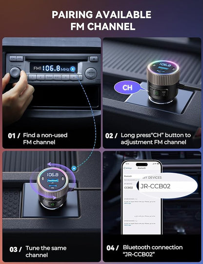 JOYROOM Bluetooth 5.4 FM Transmitter for Car, [60W PD 3.0] Bluetooth Car Adapter Fast Charging with USB C Cable, Cigarette Lighter Radio Music Adapter, Hands-Free Calling, Light Control, USB Drive