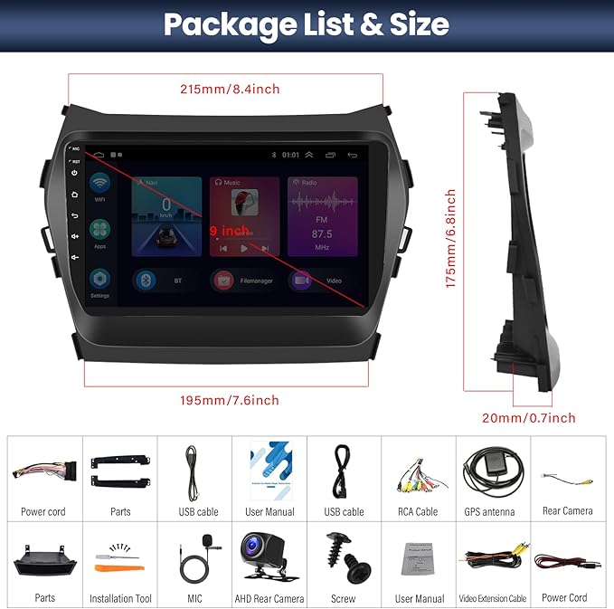 2+64G Android 13 Car Stereo for Hyundai Santa Fe IX45 2013-2018 with Apple Carplay Android Auto Mirror Link 9 inch Touch Screen FM RDS HiFi Bluetooth WiFi GPS+AHD Camera & MIC