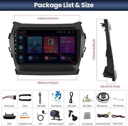 2+64G Android 13 Car Stereo for Hyundai Santa Fe IX45 2013-2018 with Apple Carplay Android Auto Mirror Link 9 inch Touch Screen FM RDS HiFi Bluetooth WiFi GPS+AHD Camera & MIC
