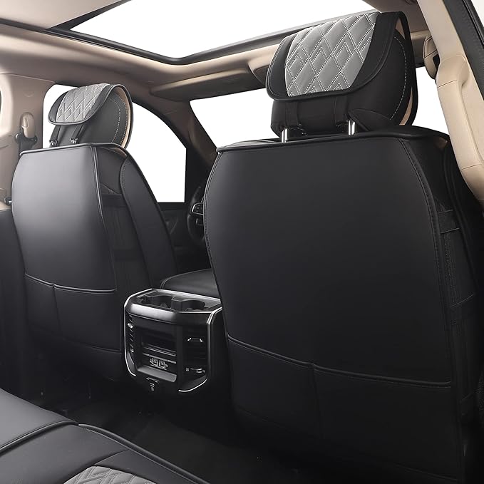 JOJOBAY Car Seat Covers for Dodge Ram Full Set,Fit Ram 2009-2025 1500/2500/3500 Pick-up Truck,Crew,Regular,Quad,Mega Cab,Waterproof Leather Seat Covers Protectors（5 PCS Full Set,Black-Grey）