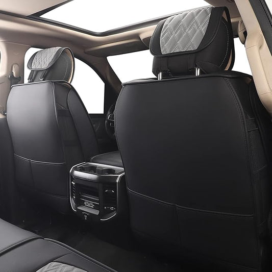 JOJOBAY Car Seat Covers for Dodge Ram Full Set,Fit Ram 2009-2025 1500/2500/3500 Pick-up Truck,Crew,Regular,Quad,Mega Cab,Waterproof Leather Seat Covers Protectors（5 PCS Full Set,Black-Grey）