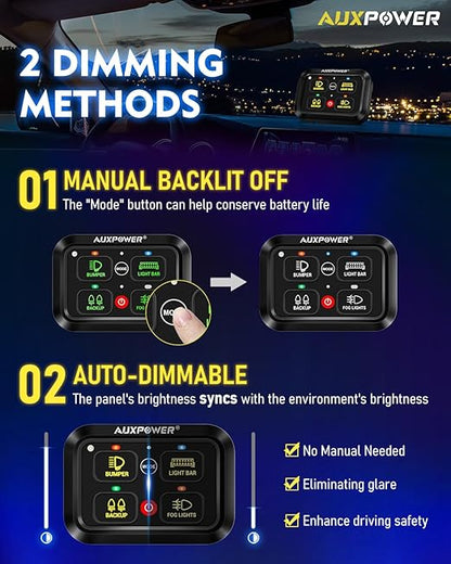 Auxpower RGB 4 Gang Switch Panel A24 Auxiliary Switch Panel with Relays Box 3 Lighting Modes Auto Dimmable Backlit Switch Panel 12V Waterproof Off Road Control Panel for Truck Marine UTV Car