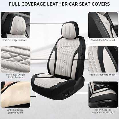 Car Seat Covers Full Set, Leather Seat Covers for Cars, Car Seat Protector Waterproof, Non-Slip Car Interior Covers Fit for Most Cars, SUV, Vans, Trucks,5Seaters,Full Set,Black-White