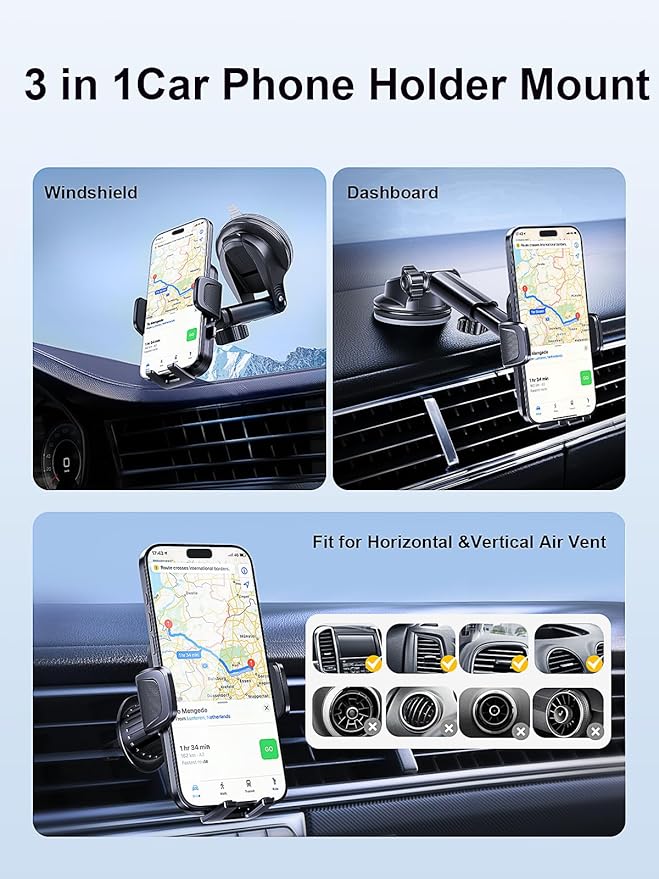 [2025 Most Stable FlexGrip™ Suction] 3-in-1 Car Phone Holder, Cell Phone Car Mount Fit for Vent/Dashboard/Windshield, All Phones, iPhone, Samsung and More