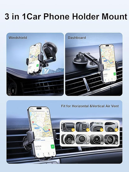 [2025 Most Stable FlexGrip™ Suction] 3-in-1 Car Phone Holder, Cell Phone Car Mount Fit for Vent/Dashboard/Windshield, All Phones, iPhone, Samsung and More