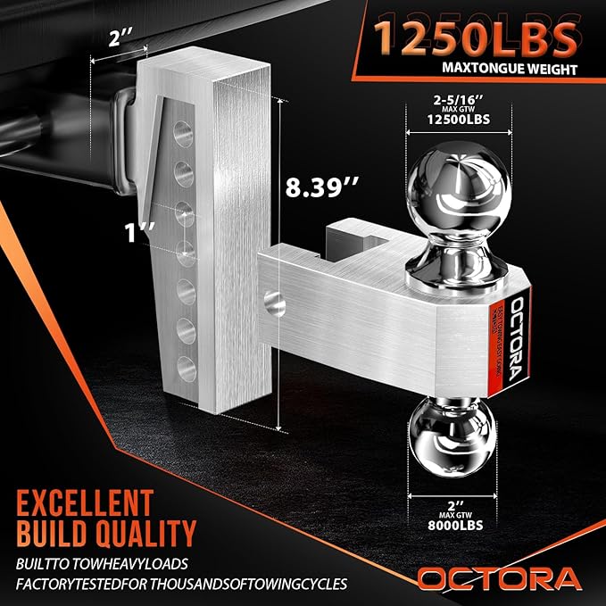 Adjustable Trailer Hitch (Fits 2-Inch Receiver) - Aluminum Tow Hitch with 6-Inch Drop/Rise for Truck (12,500 LBS GTW) - Double Anti-Theft Locking Hitch Pins (Silver, 2inch-6Drop)