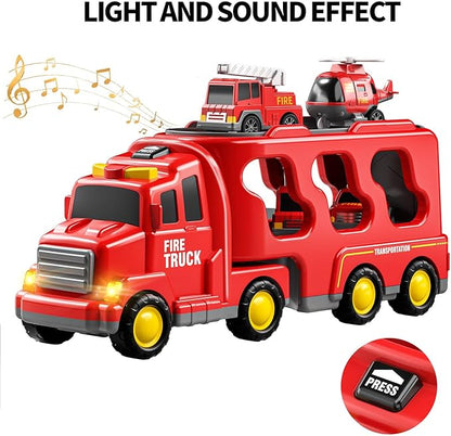 TEMI Fire Toys for 3 4 5 6 Years Old Boys Girls - 5 in 1 Carrier Truck Transport for Toddlers 1-3, Friction Powered Vehicles for Kids 3-5, Christmas Birthday Gifts - Age 3-9