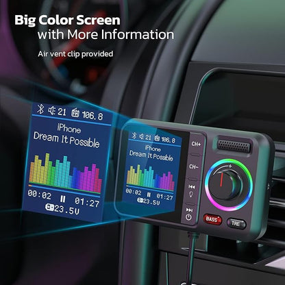 Nulaxy Bluetooth FM Transmitter for Car, Wireless Car Bluetooth V5.0 Adapter with Big Color Screen, Support QC3.0 Fast Charging, Hands-Free Call, MP3 Music Player BASS&TRE Booster, TF Card AUX-KM28