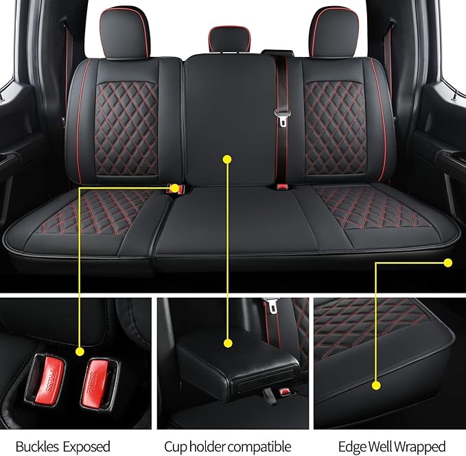 LUCKYMAN CLUB F150 Faux Leather Seat Covers Fit for 2015-2025 F150 and 2017-2025 F250 F350 F450 Pickup Trucks(Full Set, Black&Red)