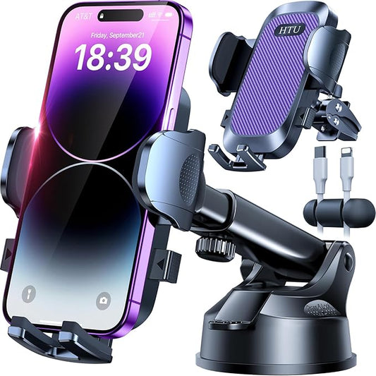 HTU [True Military-Grade] 2025 Upgraded Car Phone Holder 【Safety Certs & No Smell】 Cell Phone Holder for Car Mount for Dashboard Windshield Air Vent Long Arm Thick Case,Purple