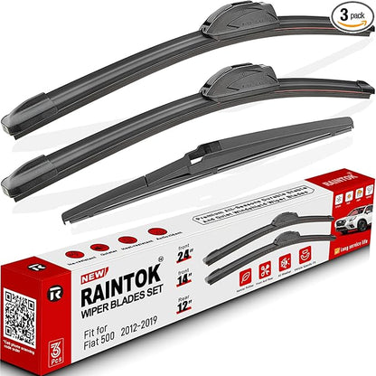 Windshield Wiper Blades Replacement for 2012-2019 Fiat 500 Original Factory Quality Front Rear Wipers Blade Set for My Car - 24" 14" 12" (Pack of 3)