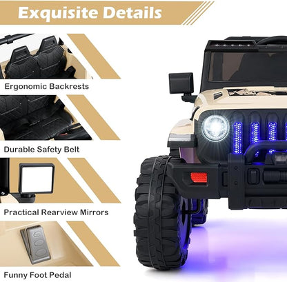 INFANS Kids Ride on Car Truck with 2.4G Remote Control, 12V Battery Powered Electric Cars for Kids w/3 Speeds, Battery Display, LED Lights, Safety Belt, Music & Horn, Bluetooth/FM/USB (Khaki)
