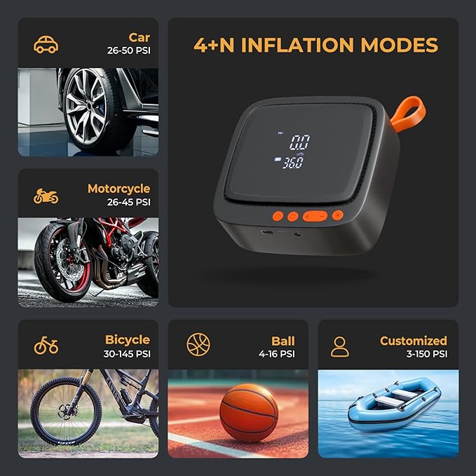 AP22 Tire Inflator Portable Air Compressor, 150 PSI Faster Inflation Cordless Air Pump, Dual Power & Digital LCD Display, Auto Shut-Off, Tire Inflator for Car, Bicycle, Motorcycle, Ball